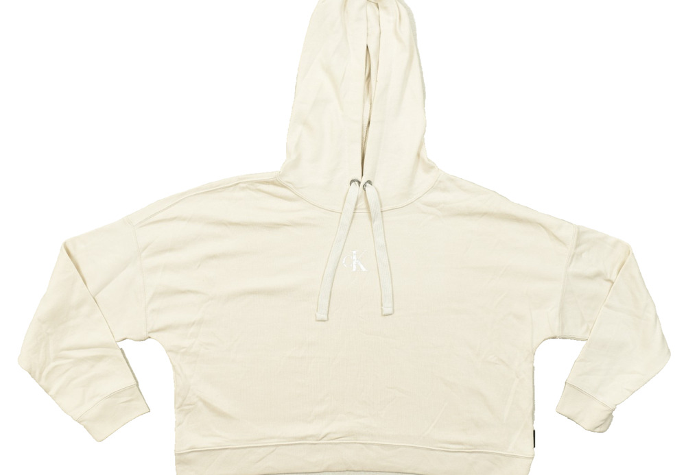 Calvin Klein Jeans Womens XL Cream Ivory Cropped Hoodie Logo Pullover Sweater